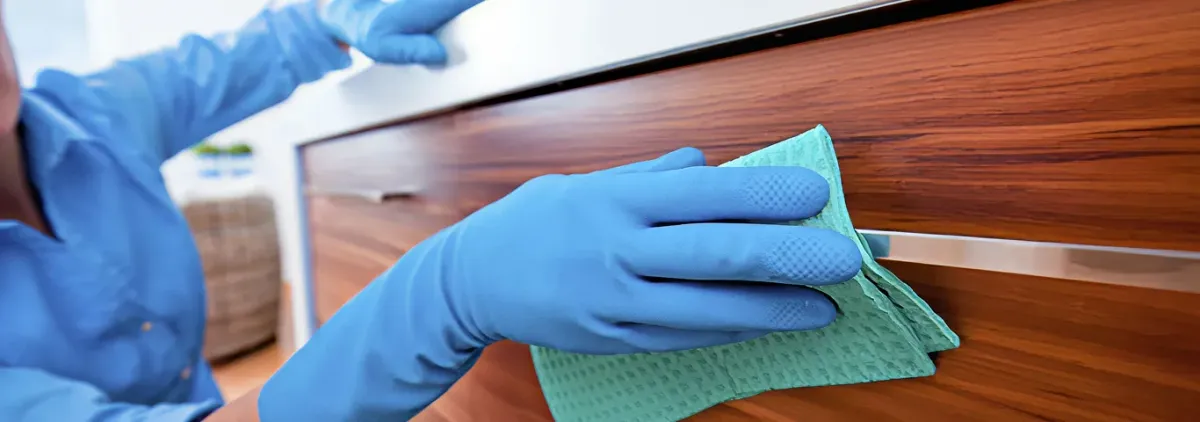 Cleaner wearing blue gloves wiping a wooden cabinet drawer with a microfiber cloth for dust and grime removal, Irvine, CA.